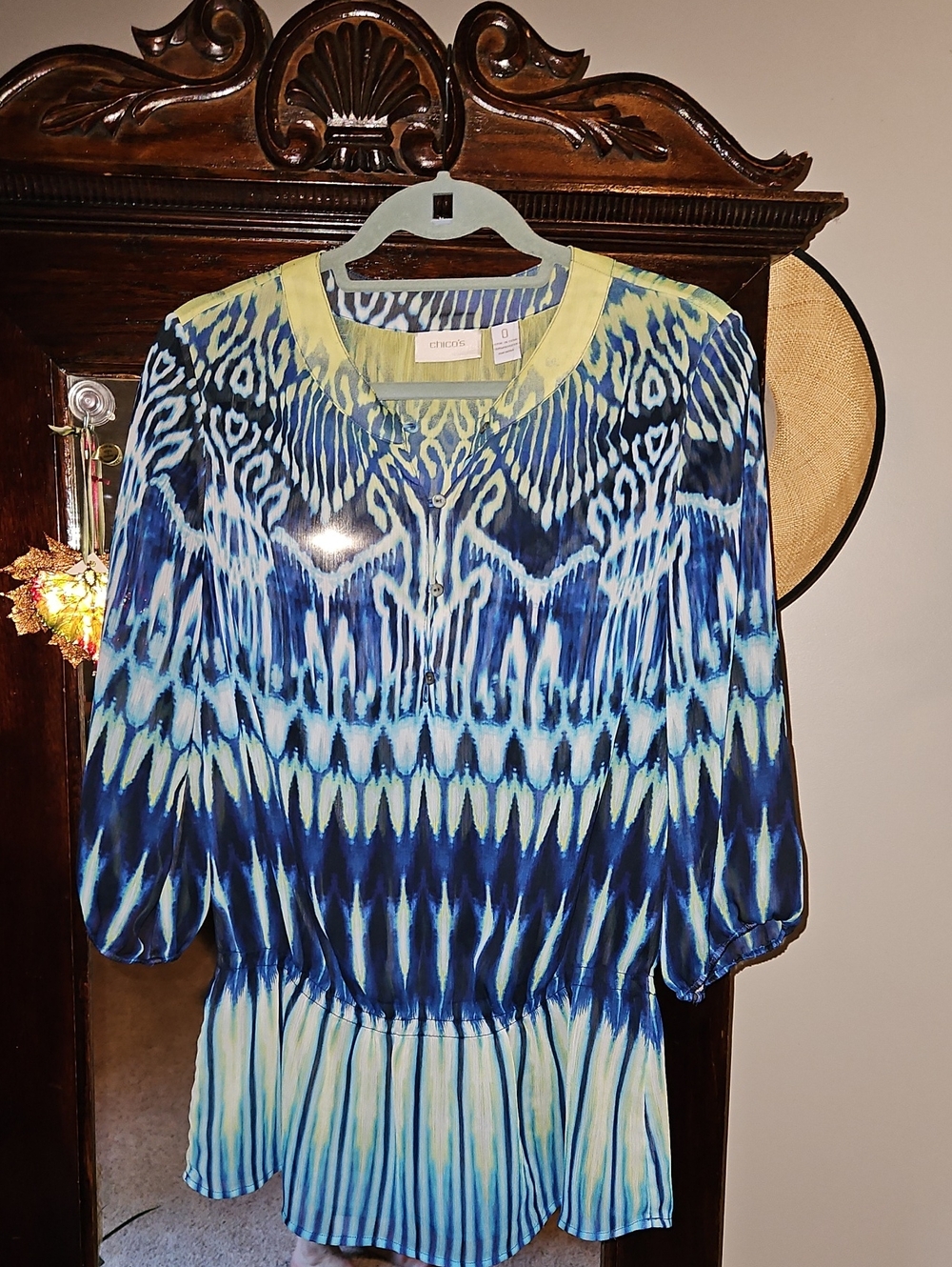 Chico's Blue and Lemon/Lime Ikat Print Top